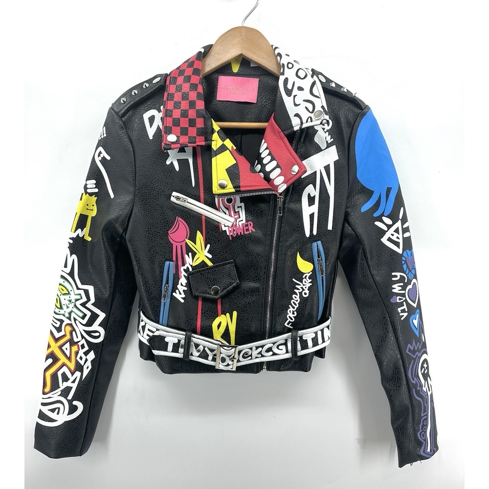Azalea Wang Stud Moto Jacket Graffiti Vegan Punk Belted Graphics Small NWOT